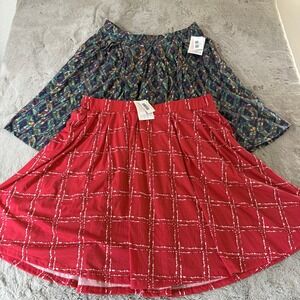 NWT 2 LuLaRoe Madison Skirt 3XL Red‎ White Plaid Print Floral Cottagecore Soft